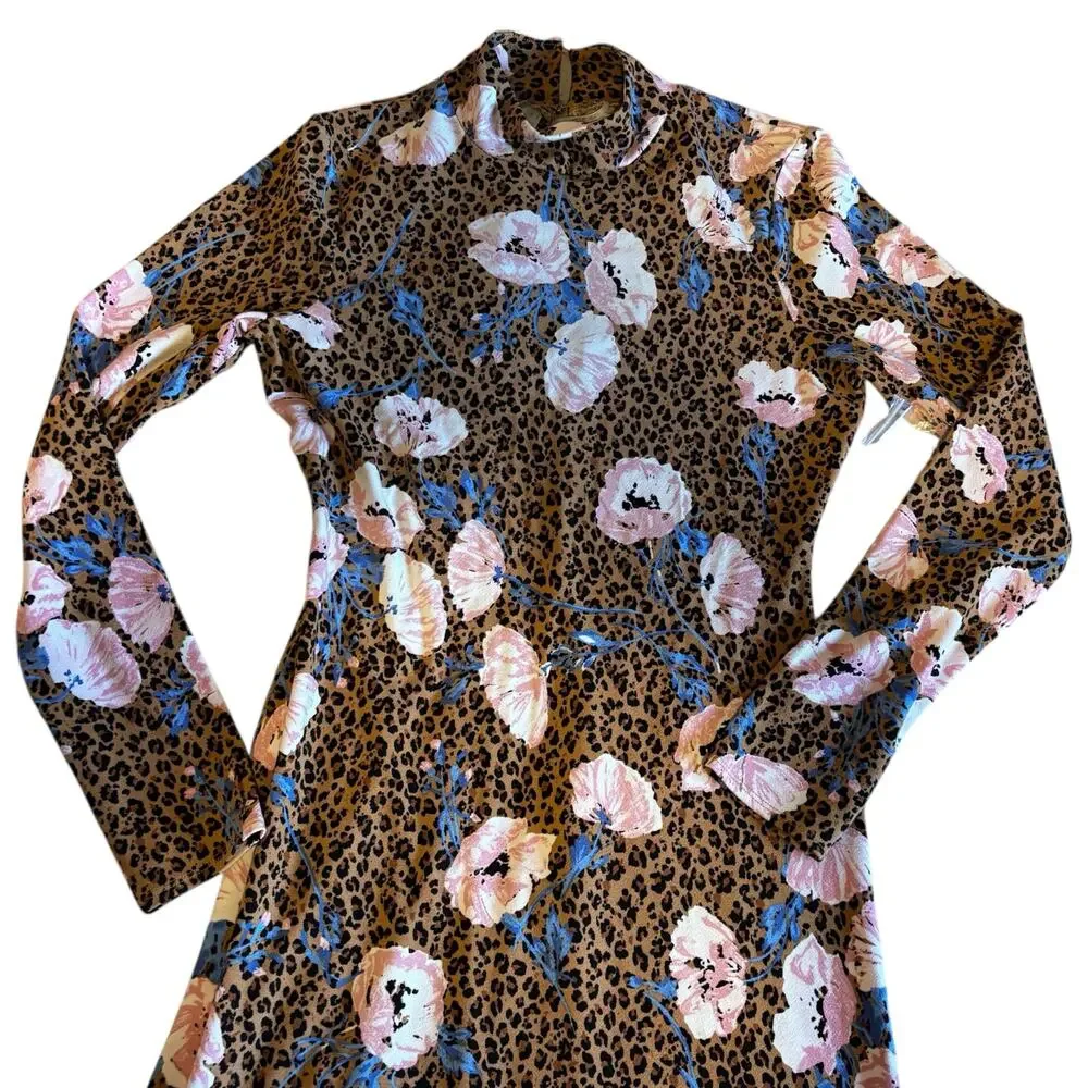 Free People Retro Romance Molly Dress Small Mock Neck Leopard Floral Maxi NWT‎